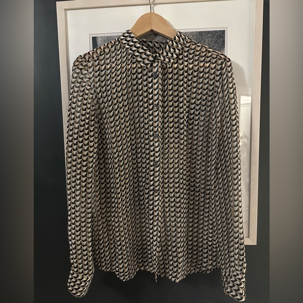 Equipment Black and White Patterned Blouse 100% Silk Chiffon